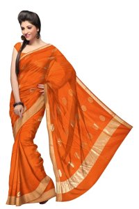 Self Design Banarasi Silk Blend, Cotton Blend Saree  (Orange)